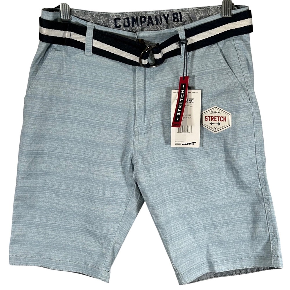 Company 81 Mens Stretch Chino Shorts Light Blue Textured Belted Size 30 New
